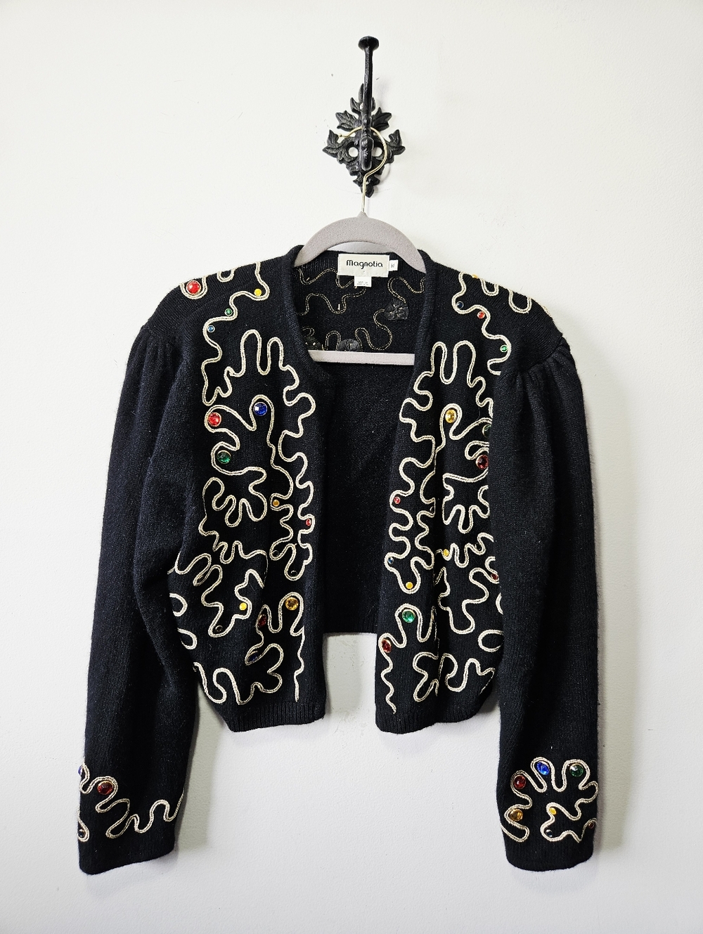 Vintage Magnolia Angora Wool Embellished Cardigan Size M Black Sweater Jewelled